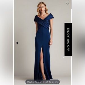 NWT Tadashi Shoji BENZ PLEATED PORTRAIT COLLAR GOWN Size XL NAVY BLUE BOS24730L